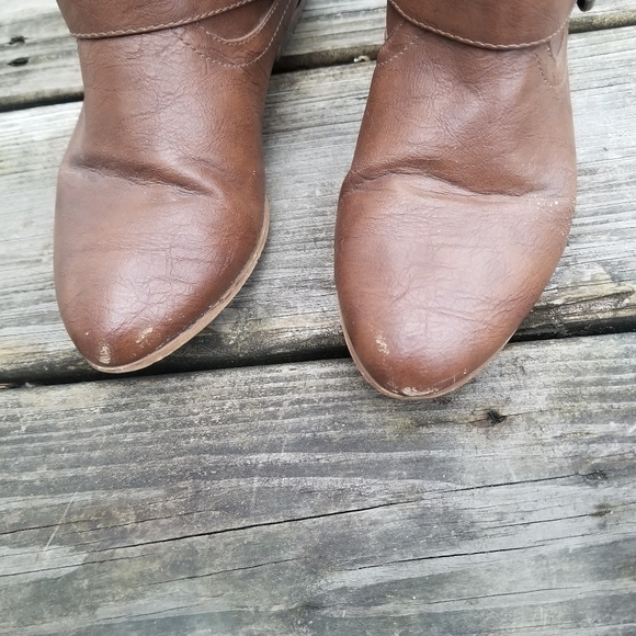 Y2k Not Rated Brown Faux Vegan Leather Exposed Zipper Stud Rhinestone Tall Boots - Picture 3 of 10